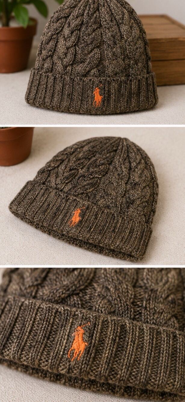 Polo Ralph Lauren Cable Knit Beanie Brown Wool Blend Orange Pony One Size